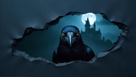 Raven Through Torn Paper Reveals Spooky Castle and Moonの写真素材