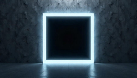 Glowing square frame against concrete wall in dark room