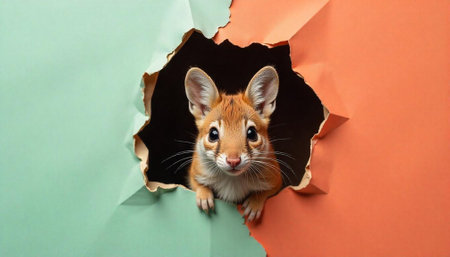 Cute gerbil peeking through torn paper colorful backgroundの写真素材