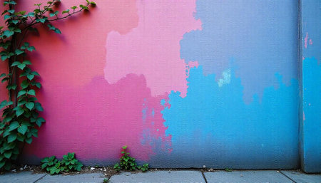 Colorful painted wall with climbing plant and concrete sidewalkの写真素材