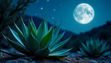 Agave plant illuminated by moonlight under a starlit skyの写真素材