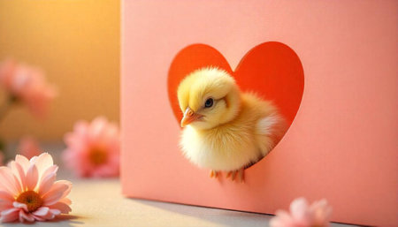 Adorable yellow chick peering from a pink heart-shaped box
