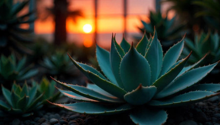 Succulent plant with sunset background evoking tranquility and peaceの写真素材