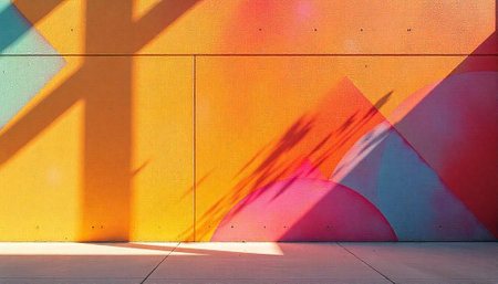 Colorful abstract wall with sunlight shadows and geometric patterns