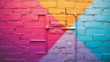 Painted brick wall with bold color block pattern designの写真素材