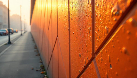 Geometric orange wall with water droplets in urban setting