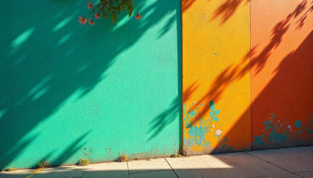 Colorful wall with shadows, flowers, urban landscape artの写真素材