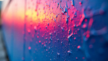 Abstract blue and pink surface with water droplets effectの写真素材