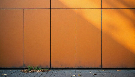 Geometric orange panels with sunlight and urban textureの写真素材