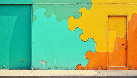 Colorful puzzle piece mural with doorways on weathered wallの写真素材