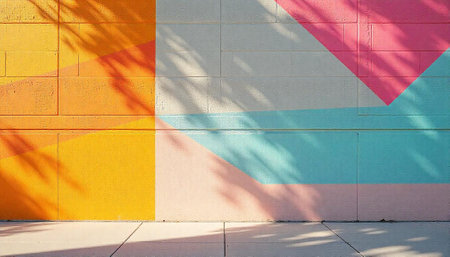 Vibrant geometric mural on brick wall with sidewalkの写真素材