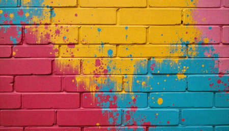 Colorful Splattered Brick Wall Texture for Urban Creative Backgroundsの写真素材