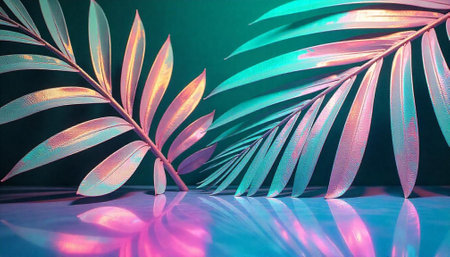 Palm fronds in iridescent pink and teal on reflective surfaceの写真素材