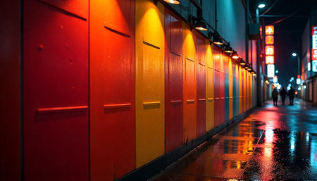 Vibrant city alleyway with colorful walls and reflections