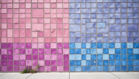 Abstract tiled wall with half pink half blue designの写真素材