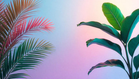 Tropical leaves against soft pastel sky for summer vibesの写真素材