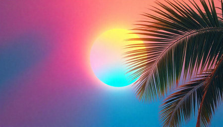 Palm tree silhouette against vibrant sunset gradient background