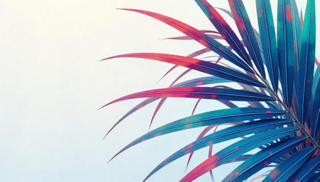Dramatic blue and pink palm frond against white backdropの写真素材