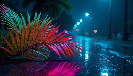 Tropical leaf reflecting on wet street at nightの写真素材
