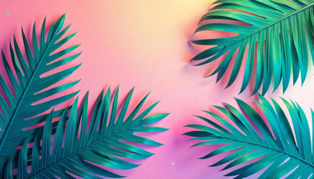 Tropical palm leaves on pink background wallpaper design asset