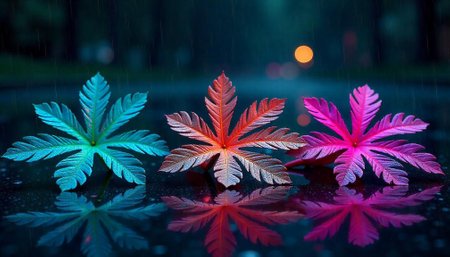Colorful autumn leaves lying on wet pavement with reflectionの写真素材
