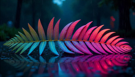 Luminous leaf on wet surface with vibrant color gradients