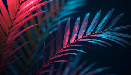 Tropical leaves illuminated with colorful vibrant light, abstract backgroundの写真素材
