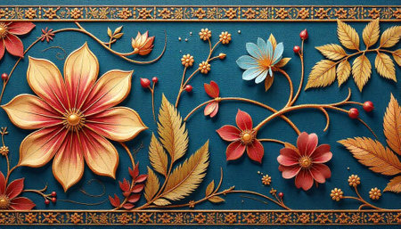 Luxurious floral embossed design on a textured teal background