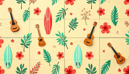 Tropical Pattern with Ukuleles Surfboards and Hibiscus Flowersの写真素材