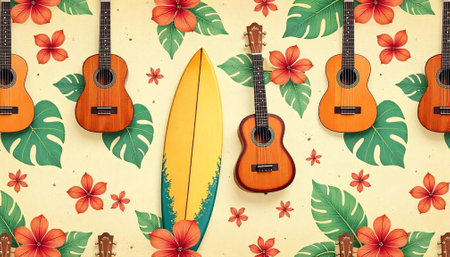 Tropical ukulele pattern with surfboard and red hibiscus flowersの写真素材