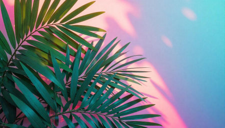 Tropical palm fronds against vibrant pink and blue gradientの写真素材