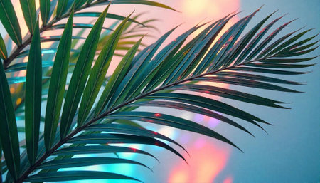 Tropical palm leaf with vibrant light leaks abstract backgroundの写真素材