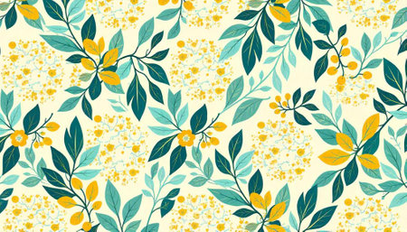 Floral pattern illustration with teal leaves and yellow blossoms