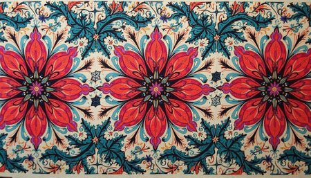 Floral arrangement with vibrant colors in stylized ornamental pattern