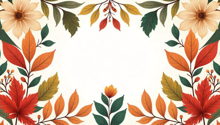 Autumn floral frame with colorful leaves and elegant flowersの写真素材