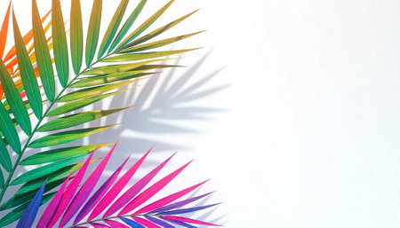 Colorful tropical palm leaves on white backdrop with shadowの写真素材
