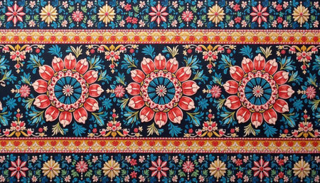 Floral ornamentation pattern with red and blue blossoms repeatの写真素材