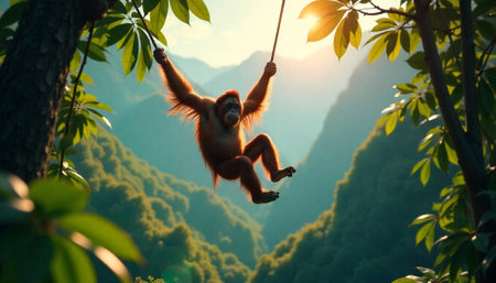 Orangutan swinging on a vine in a tropical forestの写真素材