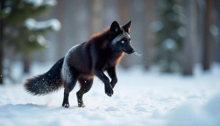 Black fox leaps through snow filled winter forest landscapeの写真素材