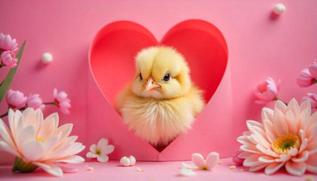 Yellow chick inside heart shape with flowers backgroundの写真素材