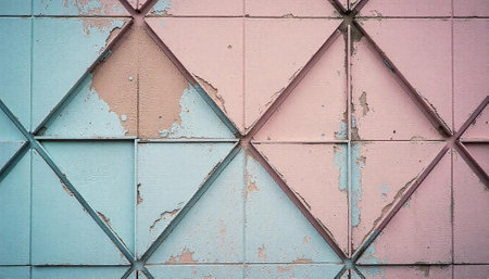 Pastel geometric pattern of weathered tiles with chipped paint
