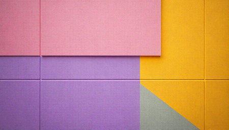 Colorful textured wall with geometric shapes in pink purple yellow