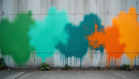 Colorful paint splashes on textured concrete wall with plantsの写真素材