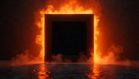 Fiery Portal: Abstract Square Frame with Explosive Flame Auraの写真素材
