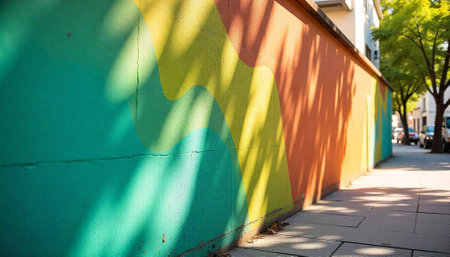 Bright mural on a city wall with shadow patternsの写真素材