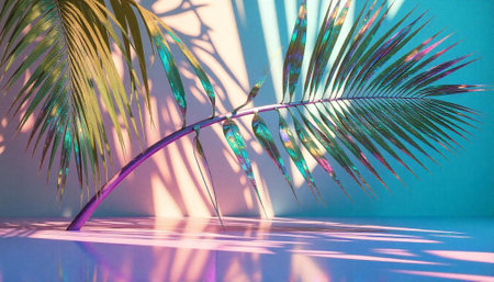 Palm leaves with iridescent effect and pink purple tones