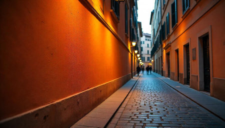 Cobblestone street between buildings with warm lighting at duskの写真素材