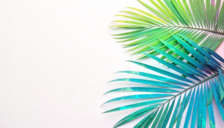 Tropical palm leaves arranged on a clean background with copy space