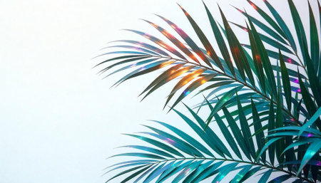 Palm leaves with iridescent sheen against white background imageの写真素材