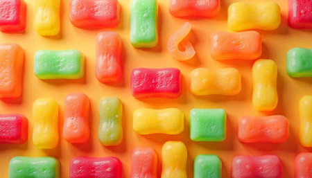 Colorful candy fruit chews arranged on a vibrant background